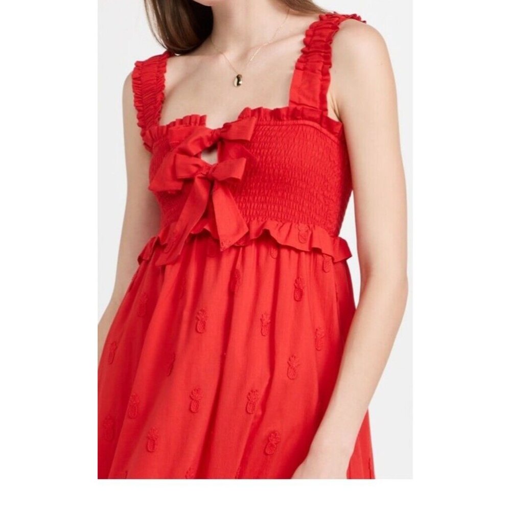NWT FARM RIO Sz XL Red Pineapple Embroidered Smocked Bow Tie Ruffle Maxi Dress - Picture 2 of 12